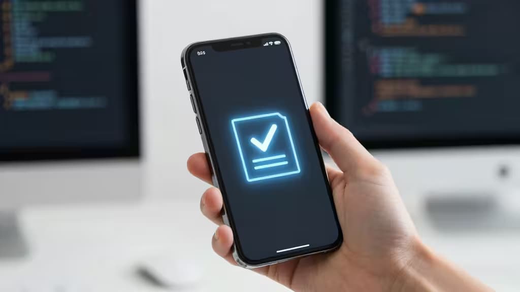 Hand houdt smartphone vast met gloeiend blauw database-icoon, met onscherpe computerschermen op de achtergrond.