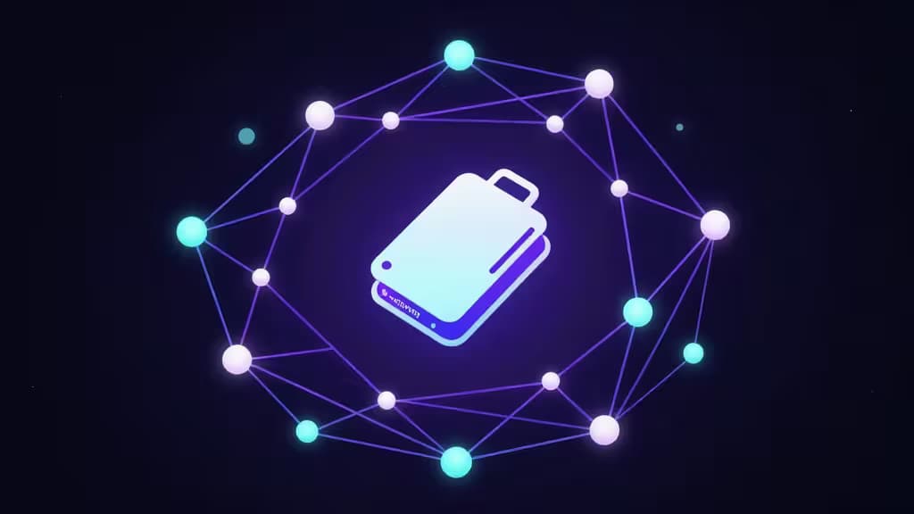 Een gloeiend hardware wallet in het centrum van een paars en cyaan netwerkgrafiek, symboliserend veilig DeFi-staken op Solana in 2026.