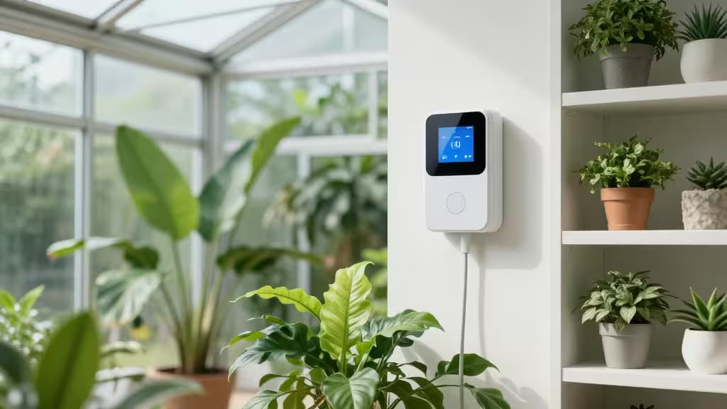 Een witte slimme thermostaat met blauw digitaal display gemonteerd aan de muur van een zonnige tuinkas vol groene planten.