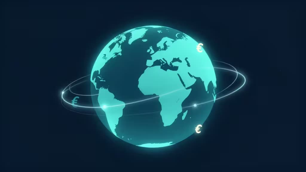 Abstracte illustratie van een wereldbol met gloeiende lichtsporen die continenten verbinden, in navy-blauwe en teal kleuren, symbool voor internationaal geldverkeer