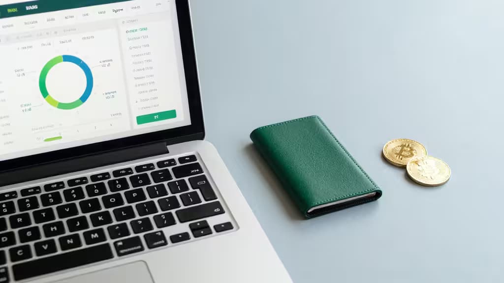 Laptop displays crypto dashboard beside green wallet and gold Bitcoin coins on light blue surface.