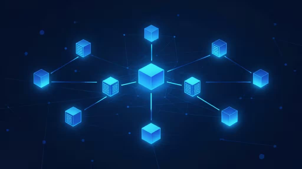 Glowing blue server cubes connect via lines, illustrating distributed cloud infrastructure for serverless functions and edge computing.