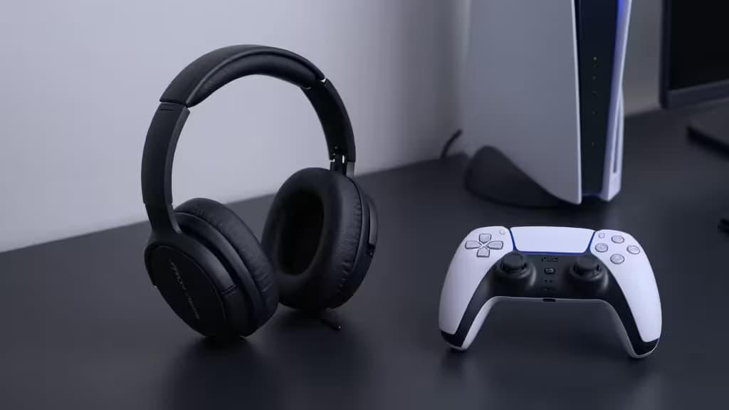 Black over-ear headphones rest beside a white PS5 controller on a dark desk.