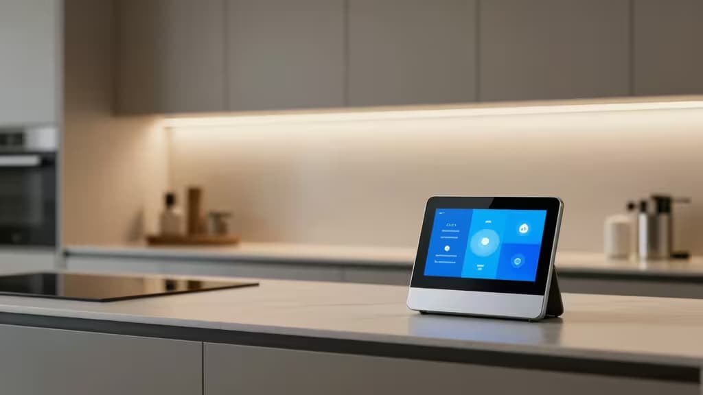 A modern smart home kitchen counter with a sleek smart display, soft warm lighting, and minimalist decor.