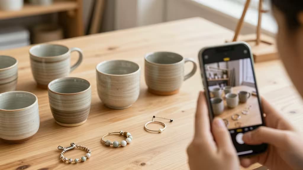 Mesa de trabajo de artesano con piezas de cerámica y joyería artesanal bajo luz natural, junto a un teléfono capturando fotos de producto