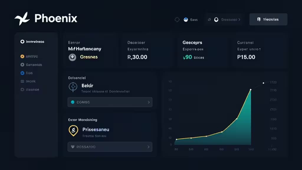 Dark dashboard displays Phoenix error alerts, pricing tiers, and rising performance graph.