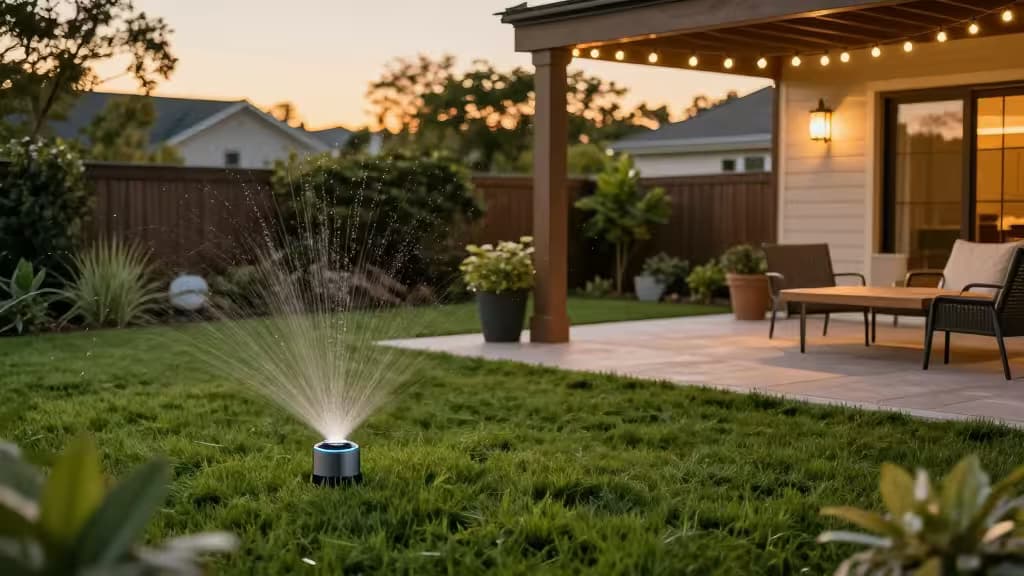 Smart sprinkler sprays water on lush lawn beside patio with string lights and outdoor furniture.