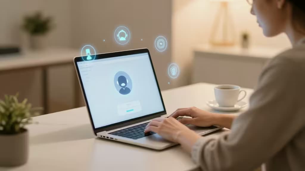 Small business owner working on a laptop with glowing AI agent interface elements floating above the screen in a warm, modern office setting