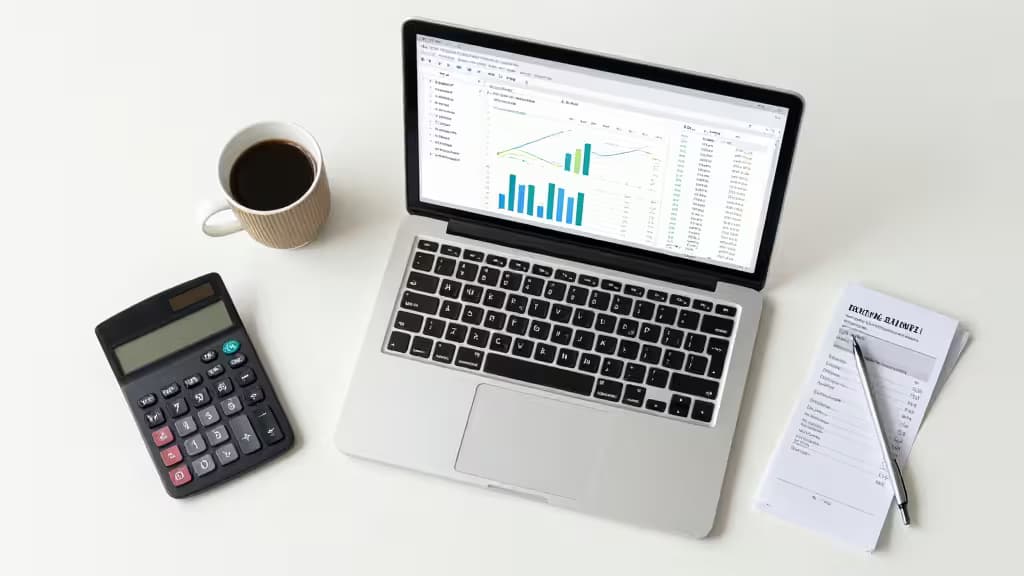 Laptop displays financial charts, flanked by calculator, coffee cup, and invoice with pen.