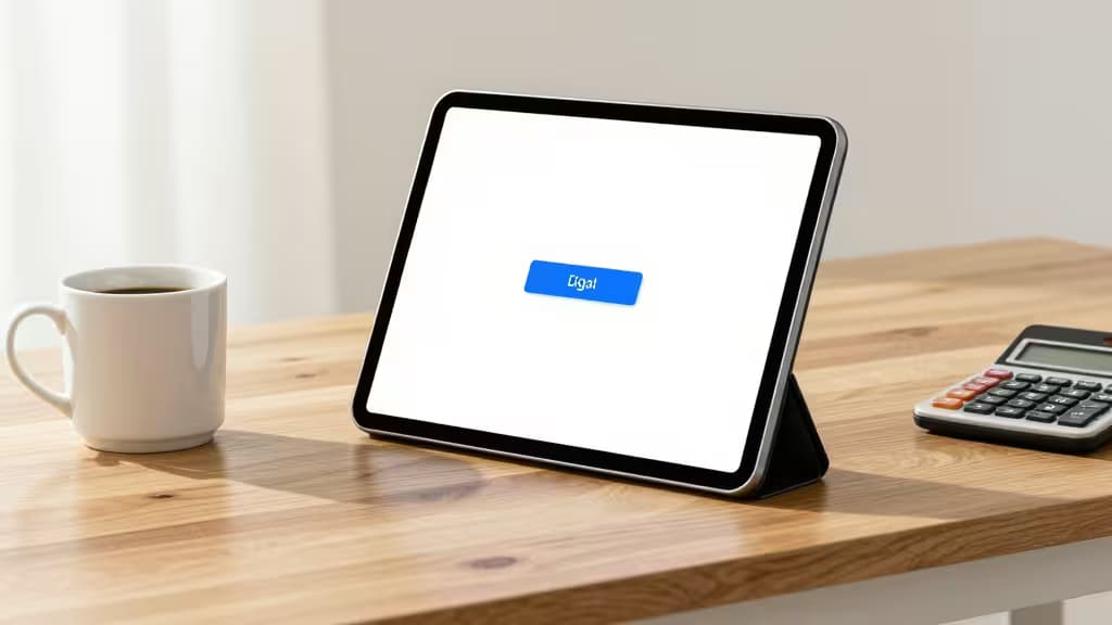 Tablet muestra una pasarela de pago digital sobre una mesa de madera junto a una taza de café y una calculadora, luz natural suave