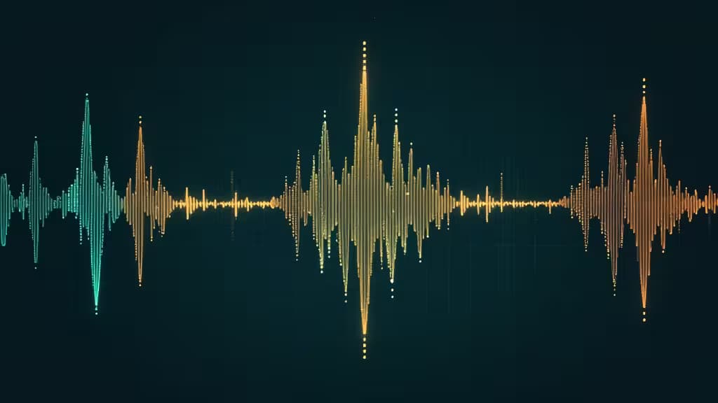 Glowing teal and gold vertical bars pulse across a dark timeline, representing dynamic IoT data streams.
