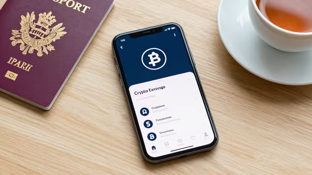 Smartphone displays crypto app beside UK passport and tea on wooden desk.