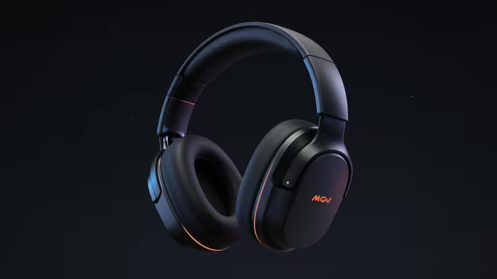 Abstract product photography of a sleek wireless gaming headset with blue and orange RGB accent lighting on a dark background