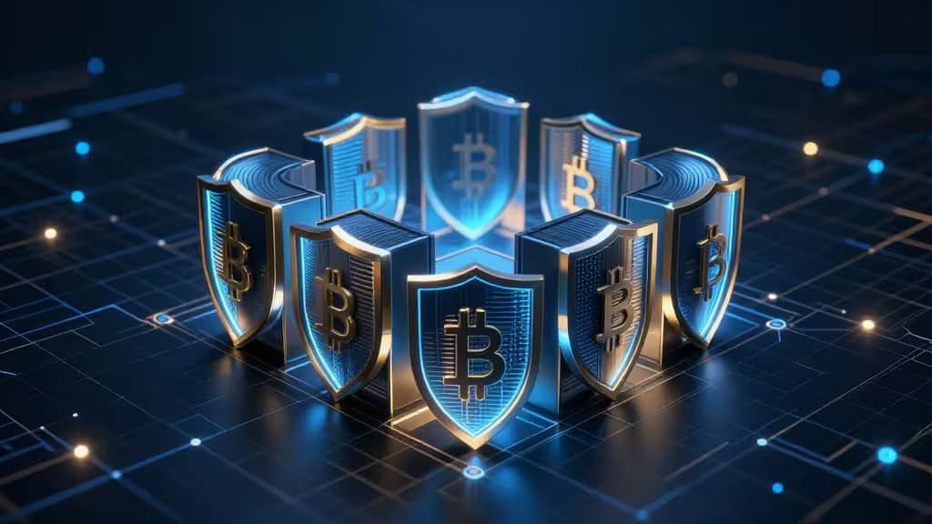 Glowing blue Bitcoin shields arranged on a digital grid, symbolizing secure crypto insurance for 2024.