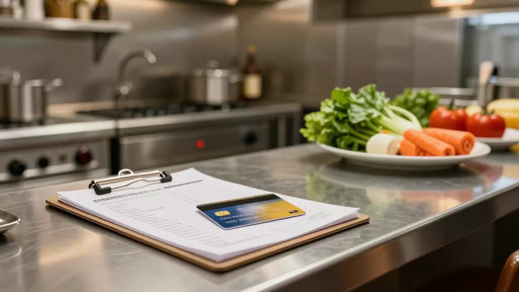 Cozinha de restaurante moderna com balcões de aço inoxidável, ingredientes frescos e um cartão de crédito empresarial sobre uma prancheta com recibos