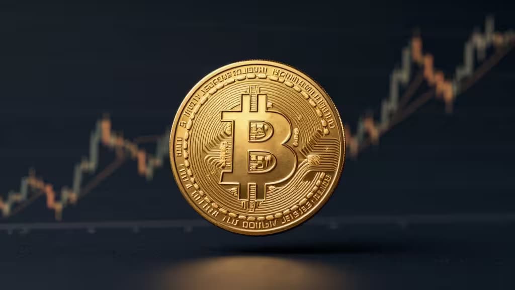 Złoty Bitcoin unoszący się nad minimalistycznym wykresem finansowym na ciemnoniebieskim tle