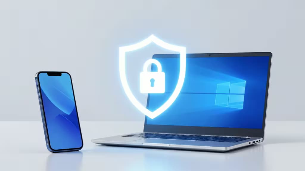 Smartphone and laptop display blue screens with glowing security shield icon.