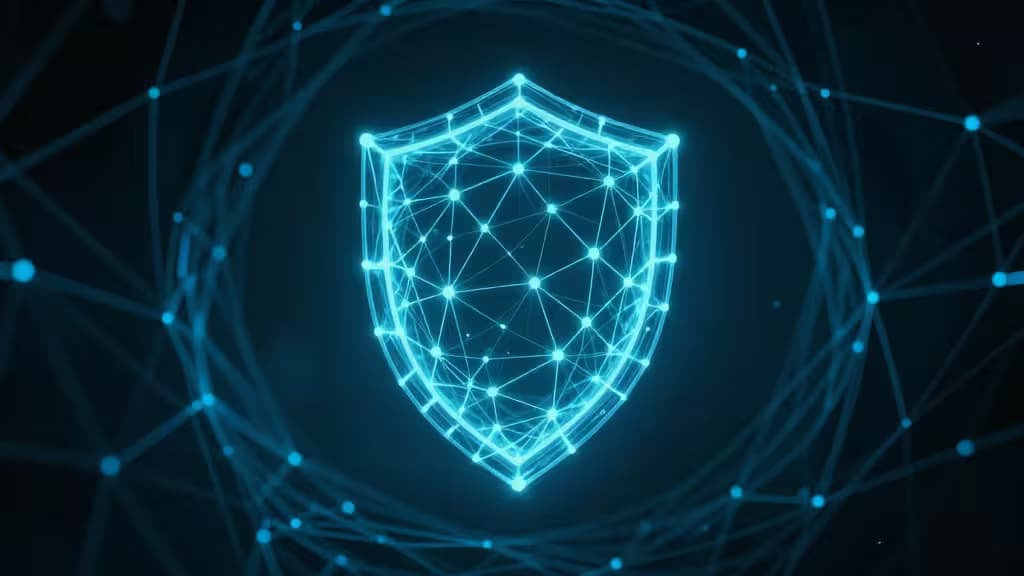 Escudo digital luminoso de nós de dados sobre uma rede escura de túneis web ocultos, representando proteção de identidade e vigilância da dark web.