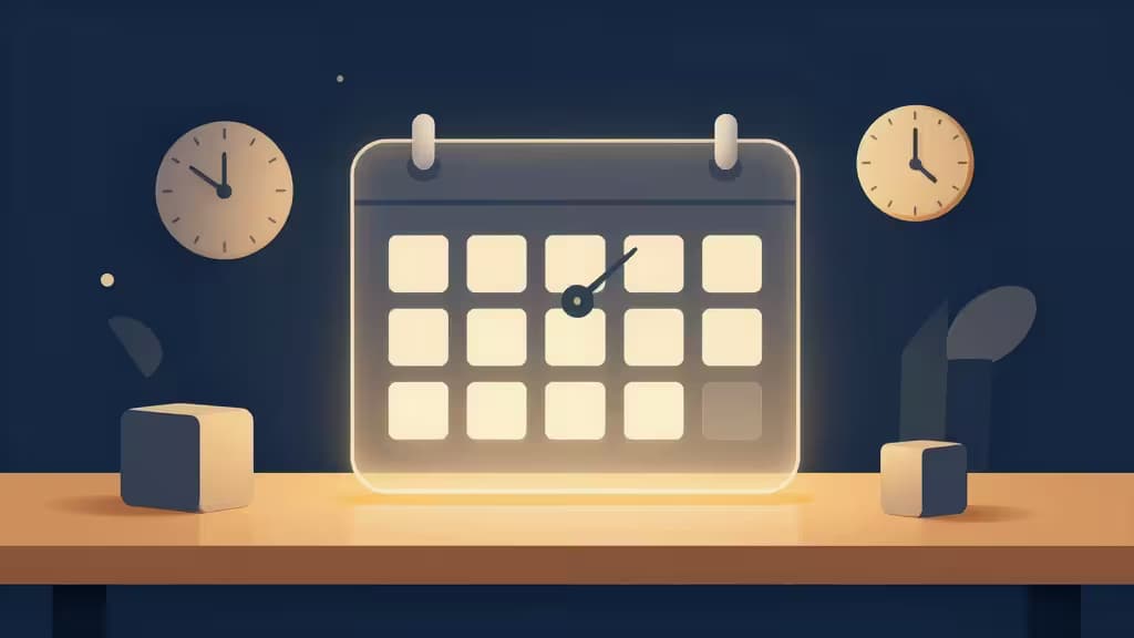 Abstract illustration of an AI scheduling assistant with a glowing calendar grid, floating clock hands, and organized appointment blocks in deep blue and amber tones
