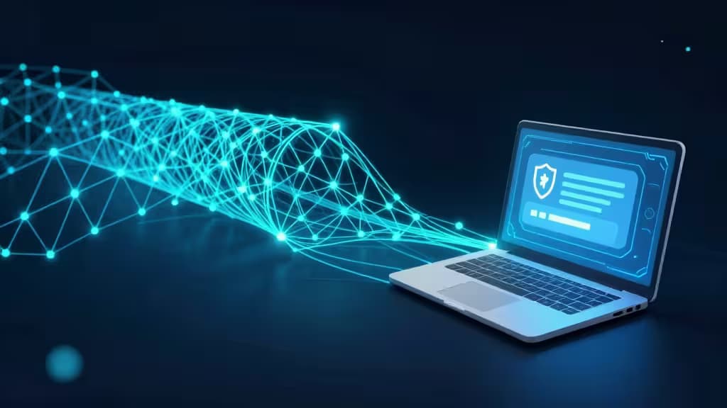 Túnel de red neuronal azul brillante que fluye hacia una pantalla de portátil con icono de escudo, simbolizando conexión cifrada segura a interfaz de chatbot de IA.