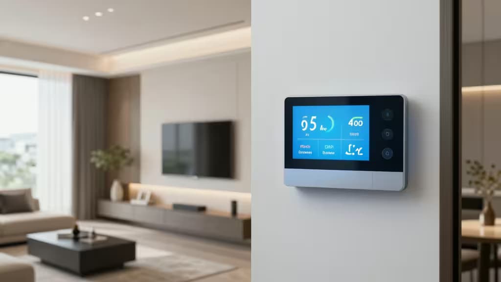 A sleek smart thermostat with a blue digital display is mounted on a white wall in a modern living room.