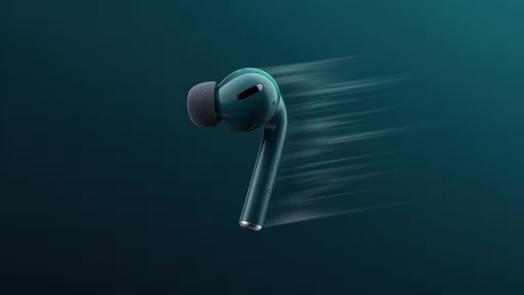 Fone sem fio azul-esverdeado com efeito de movimento transmite velocidade, resistência ao suor e ajuste seguro para corrida acessível.
