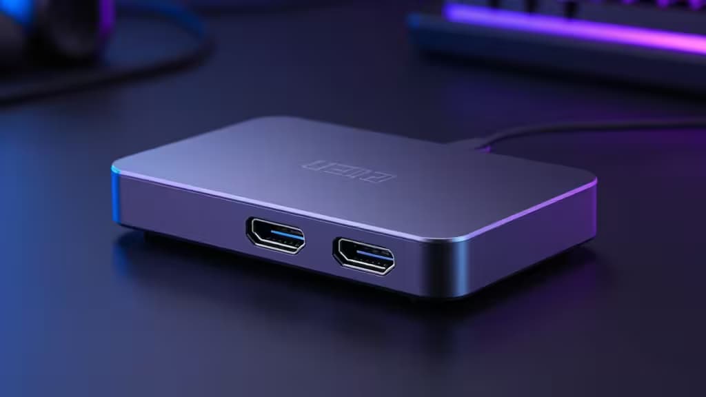 Une carte de capture USB élégante avec des ports HDMI se pose sur un bureau sombre sous un éclairage ambiant violet.