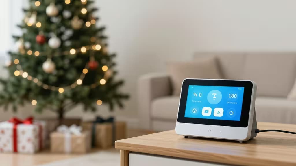 Smart display on wooden table, Christmas tree with lights and gifts in background.