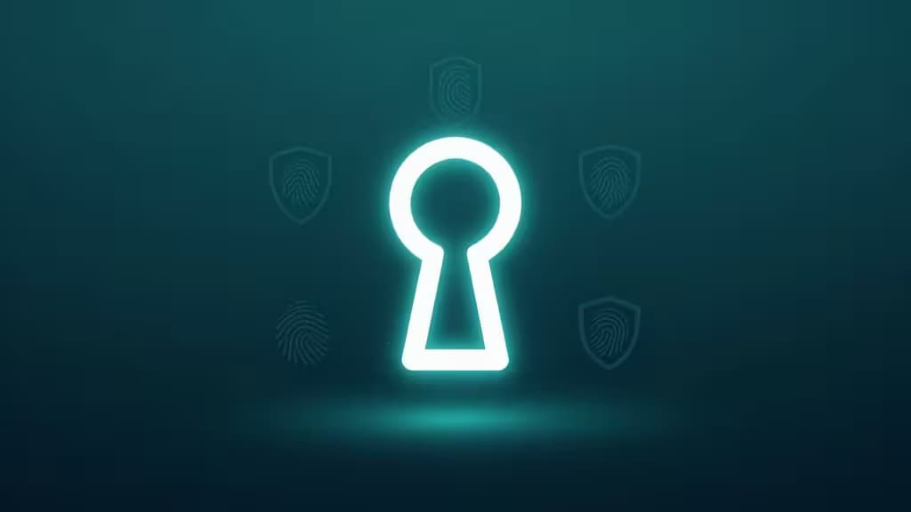 Glowing keyhole icon surrounded by fingerprint shields on teal background symbolizing secure digital identity.