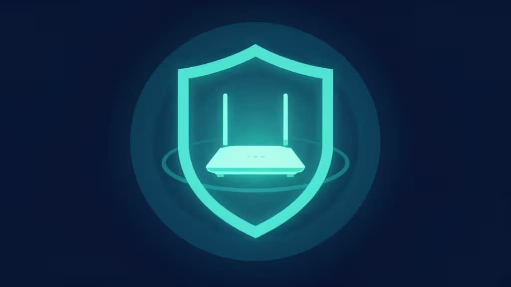 Glowing teal router icon centered inside a protective shield outline, surrounded by concentric rings on a dark blue background.
