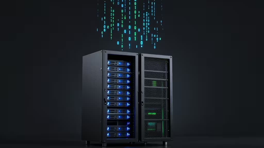 Black server rack with blue LEDs, binary code rain above, symbolizing self-hosted Git for small teams.