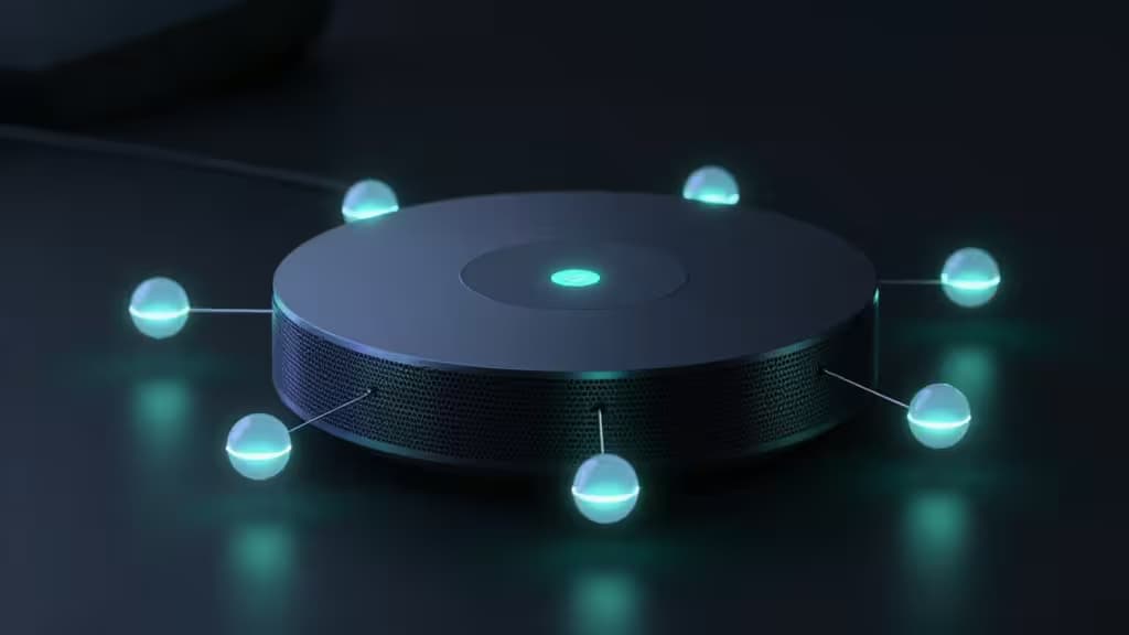 Een strakke, donkere smart home hub met gloeiende Thread mesh-nodes eromheen.