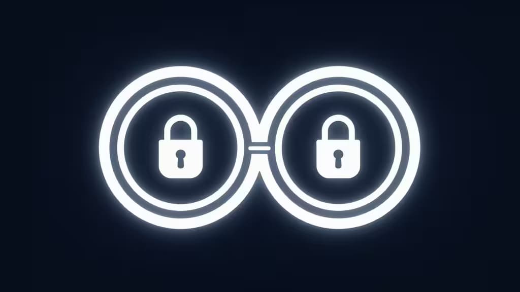 Symbole d'infini lumineux avec deux cadenas, représentant des coffres chiffrés partagés pour les gestionnaires de mots de passe de couples.