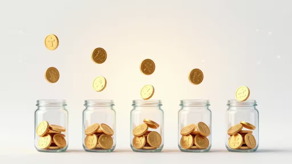 Vijf glazen potten vullen zich met gouden Bitcoin-munten die in sequentie vallen, als illustratie van geautomatiseerde terugkerende crypto-investeringen.