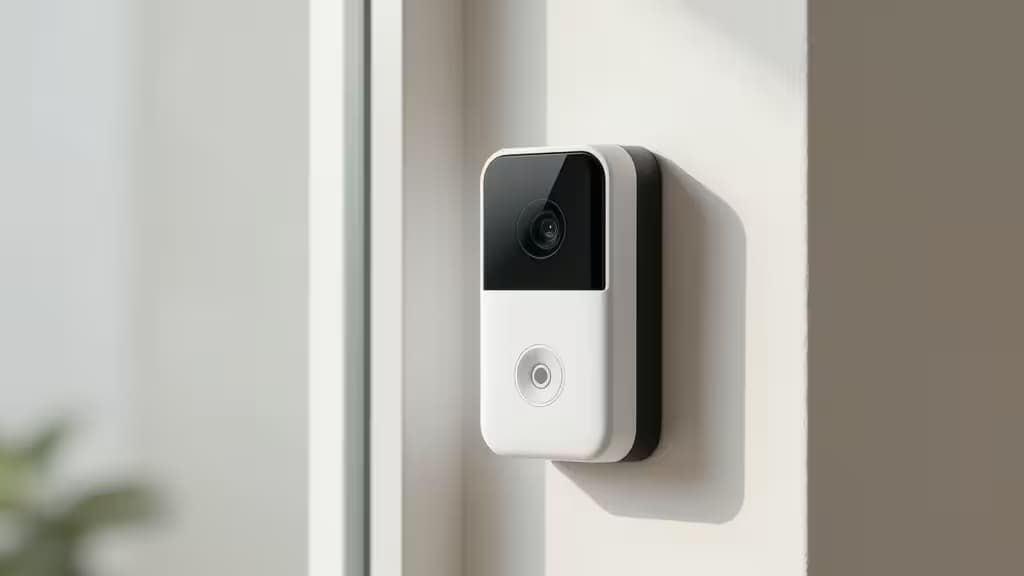 A sleek white battery-powered video doorbell mounted on a modern wall beside a window.
