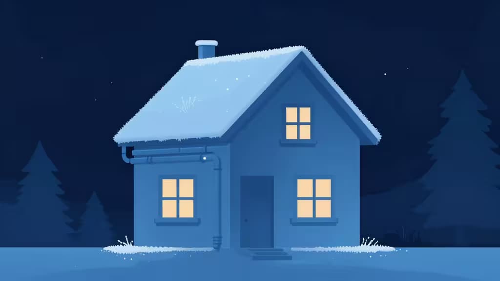 Casa azul com neve e pontos de sensor luminosos nos canos exteriores, ilustrando prevenção inteligente de congelamento num design minimalista de inverno.