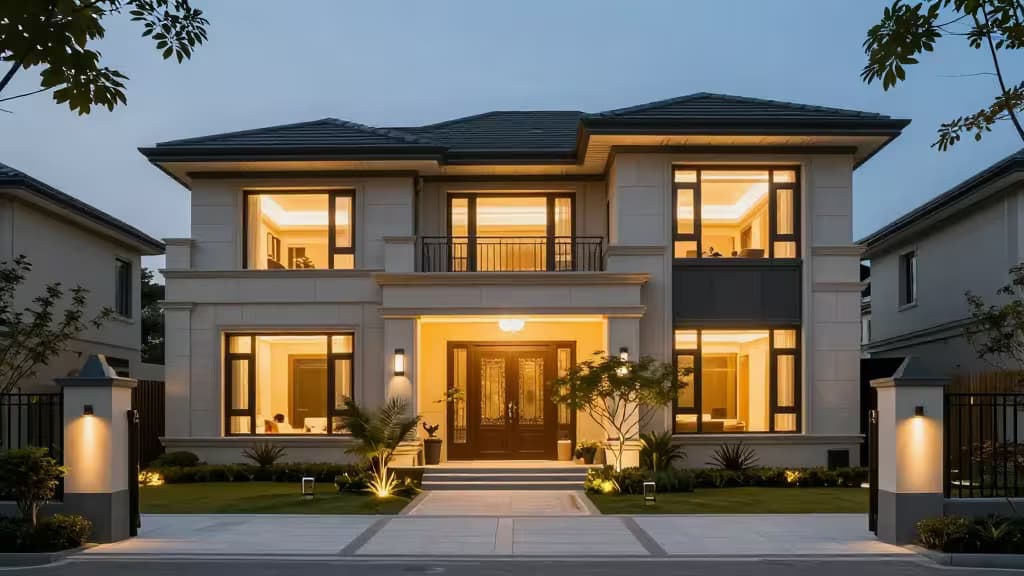 Modern home glows with warm outdoor lights, enhancing curb appeal at dusk.