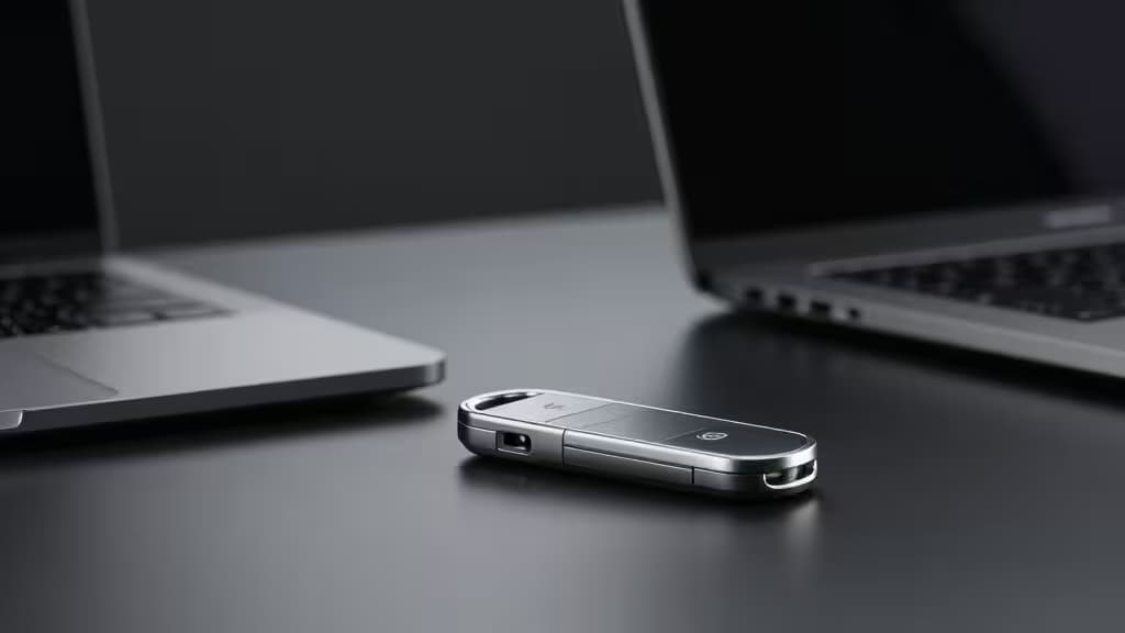 A sleek hardware security key resting on a modern desk beside a laptop, photographed in soft studio lighting against a dark background.