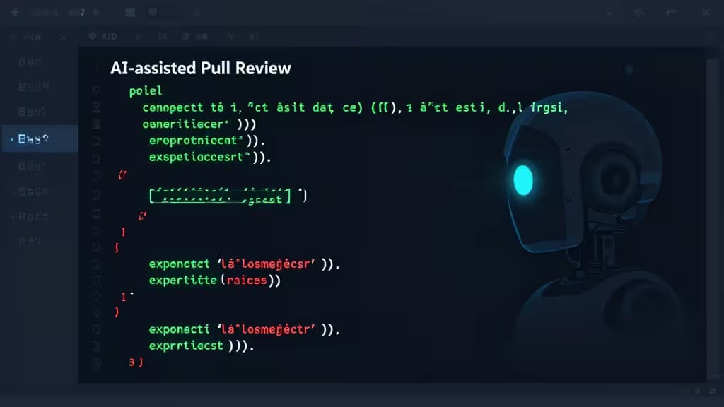 Un robot con ojos brillantes escanea líneas de código resaltadas en verde dentro de una ventana de IDE oscura titulada "AI-assisted Pull Review".