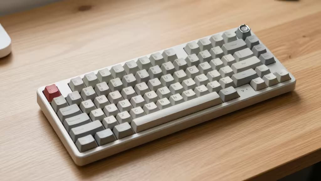 A compact tenkeyless mechanical keyboard with visible switches on a minimalist wooden desk under soft natural light