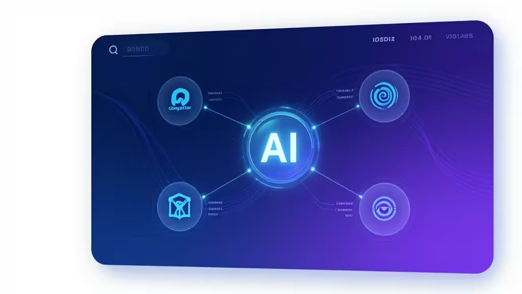 Futuristic AI dashboard with glowing nodes and data streams for competitive intelligence analysis.