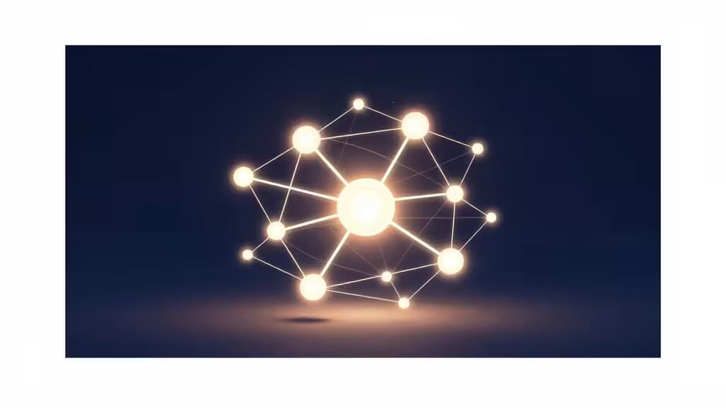 Glowing neural network sphere floats against dark blue, symbolizing AI image generation technology.