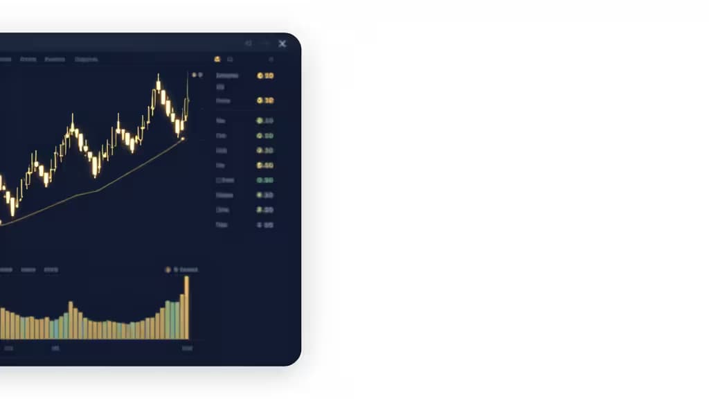 Tableau de bord de trading financier abstrait avec graphiques en chandeliers et symboles de cryptomonnaies, tons bleu foncé et or