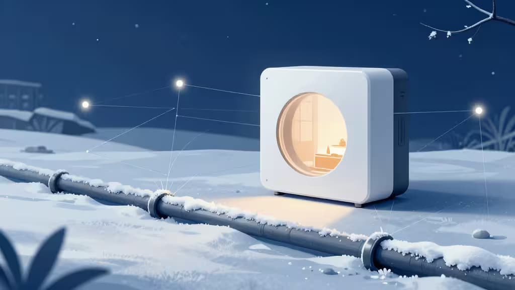 Snowy pipes connect to a glowing smart hub, illustrating cold-climate freeze prevention technology.