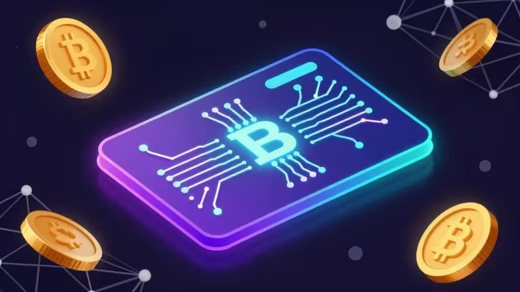 Carteira com circuitos luminosos e símbolo Bitcoin flutua entre moedas douradas e nós de rede blockchain.