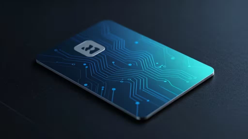 A sleek, blue-gradient NFC crypto wallet card with circuit patterns rests on a dark surface.