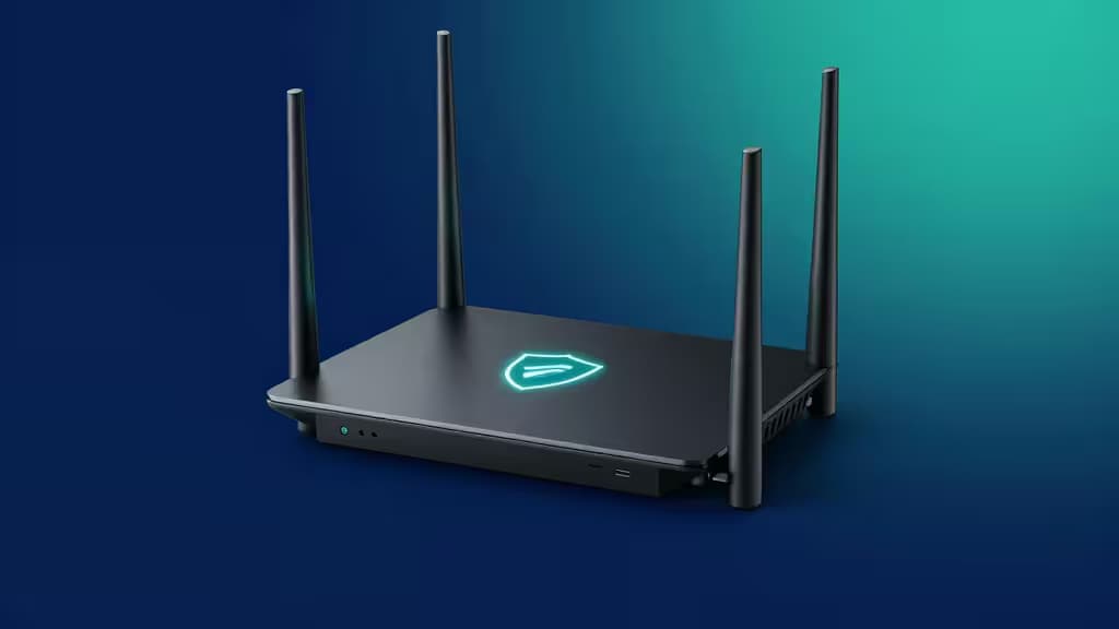 A modern home Wi-Fi router with a glowing VPN shield icon on a dark blue gradient background, representing network-level encryption.