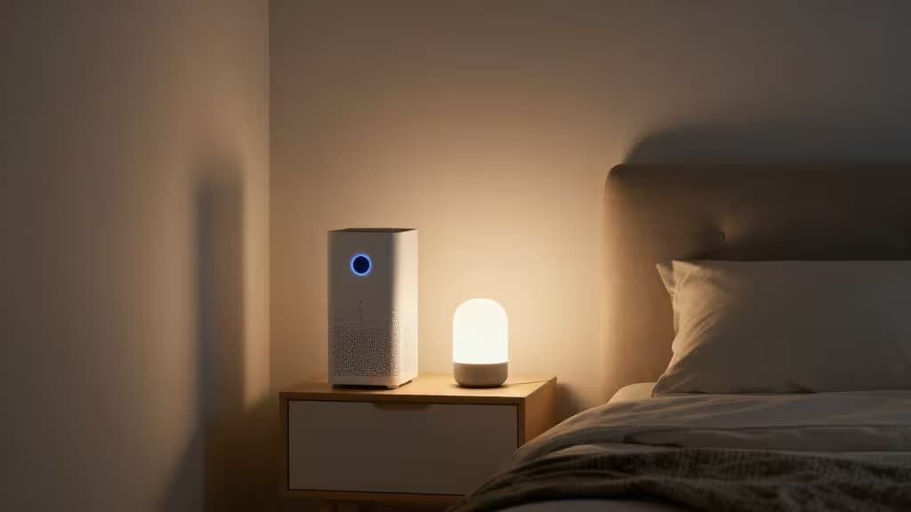 A white air purifier and glowing smart speaker sit on a wooden nightstand beside a neatly made bed.