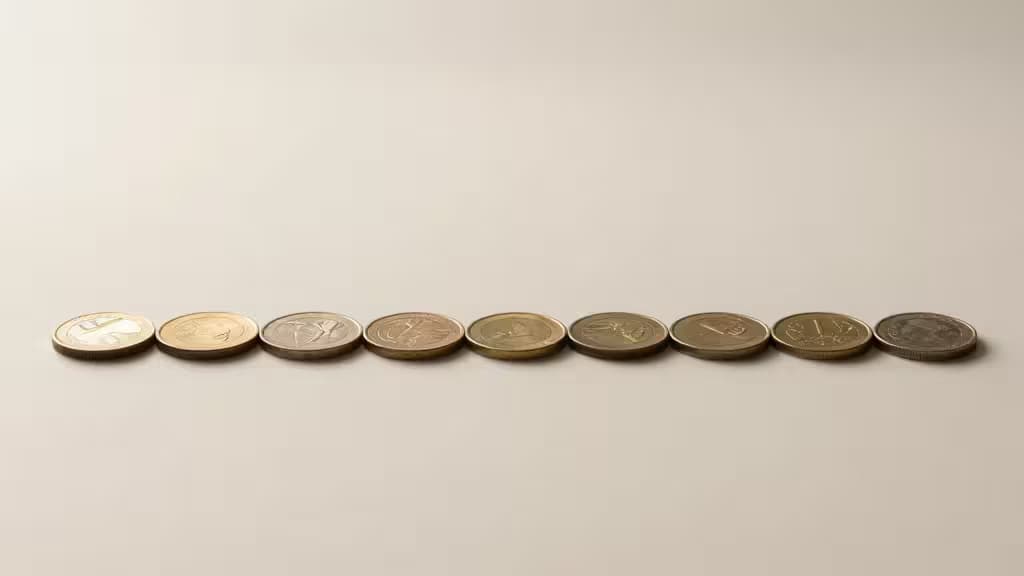 Rij munten die symbool staan voor regelmatige dollar-cost averaging investeringen op een minimalistisch oppervlak