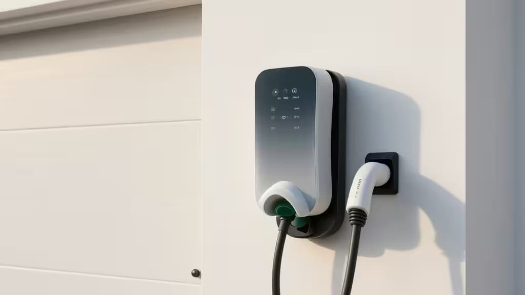 Sleek white EV charger mounted on wall, featuring digital display and dual charging cables.